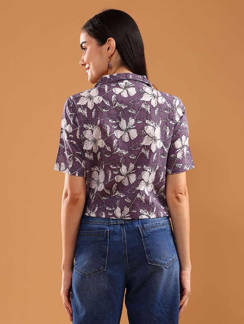 women printed collared short sleeve crop shirt - 22005136 -  Standard Image - 3
