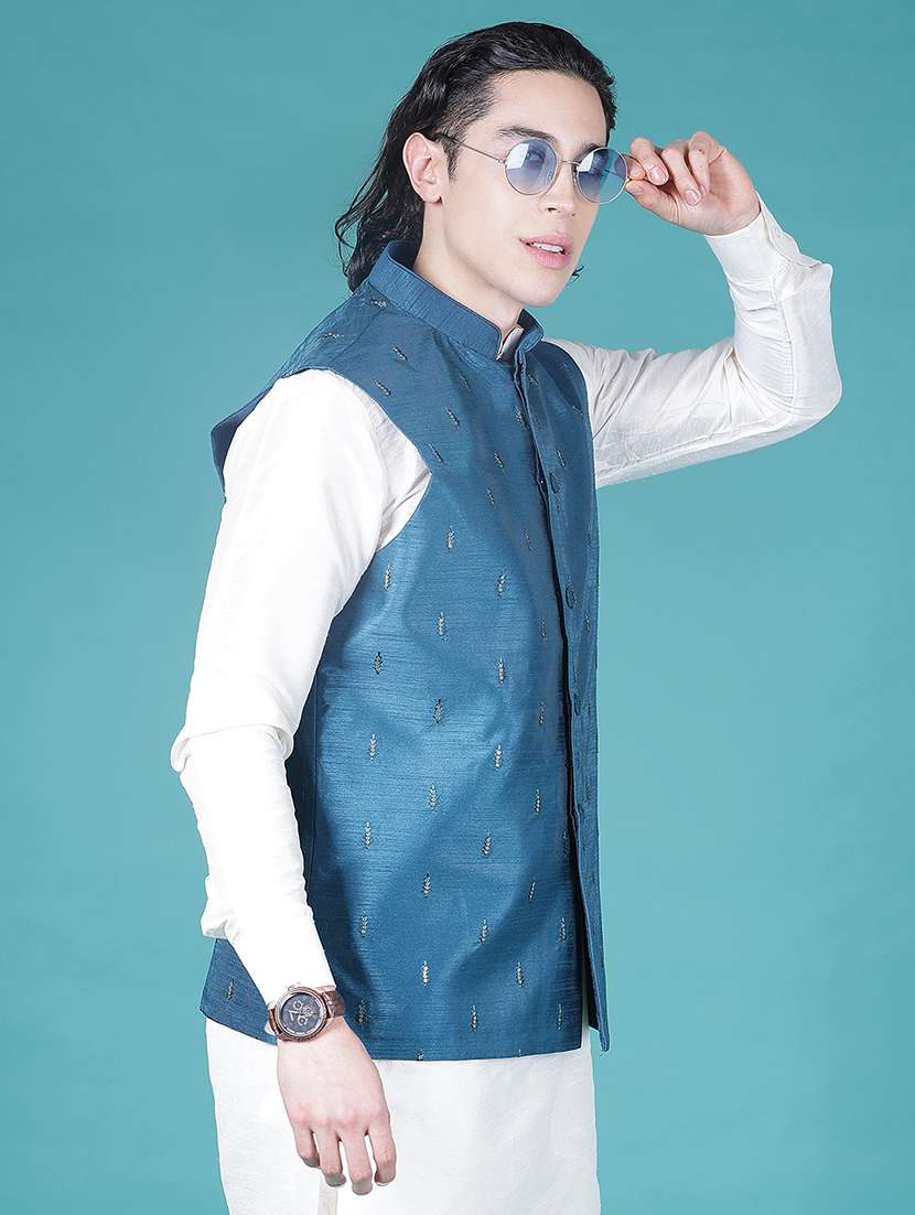 men solid with work mandarin neck regular fit nehru jacket