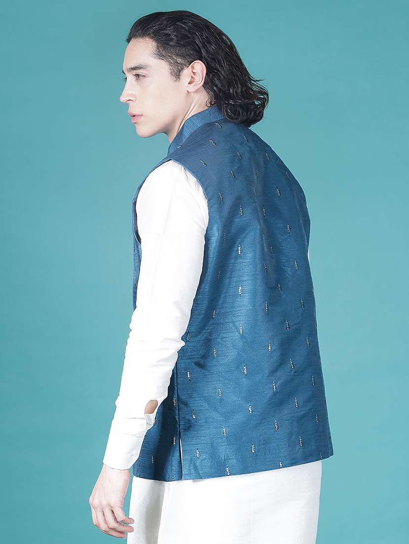 men solid with work mandarin neck regular fit nehru jacket - 22005253 -  Standard Image - 3