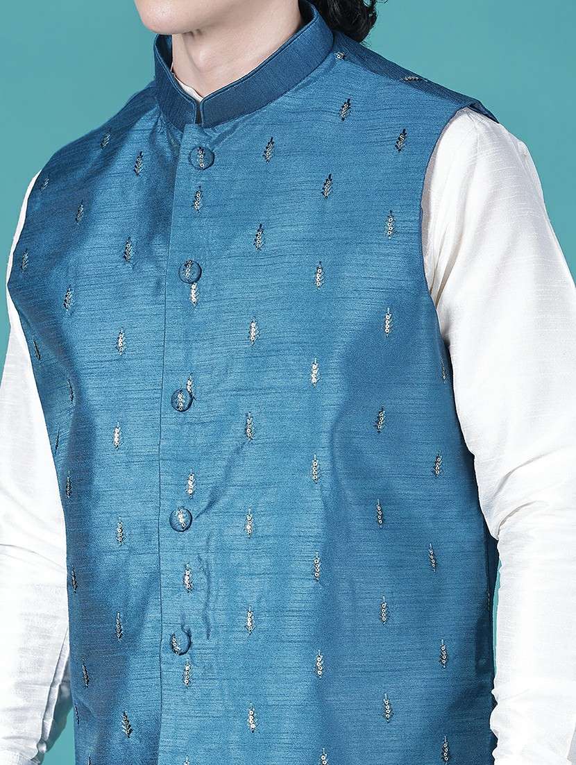 men solid with work mandarin neck regular fit nehru jacket - 22005253 -  Standard Image - 5