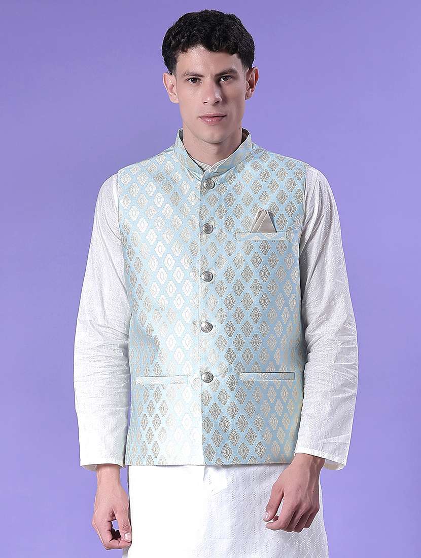 men self design mandarin neck regular fit nehru jacket