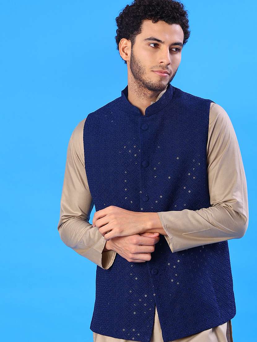 men solid with work mandarin neck regular fit nehru jacket