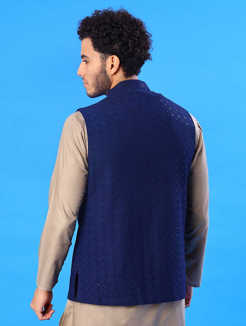 men solid with work mandarin neck regular fit nehru jacket - 22005255 -  Standard Image - 3