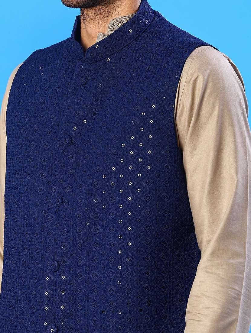 men solid with work mandarin neck regular fit nehru jacket - 22005255 -  Standard Image - 5