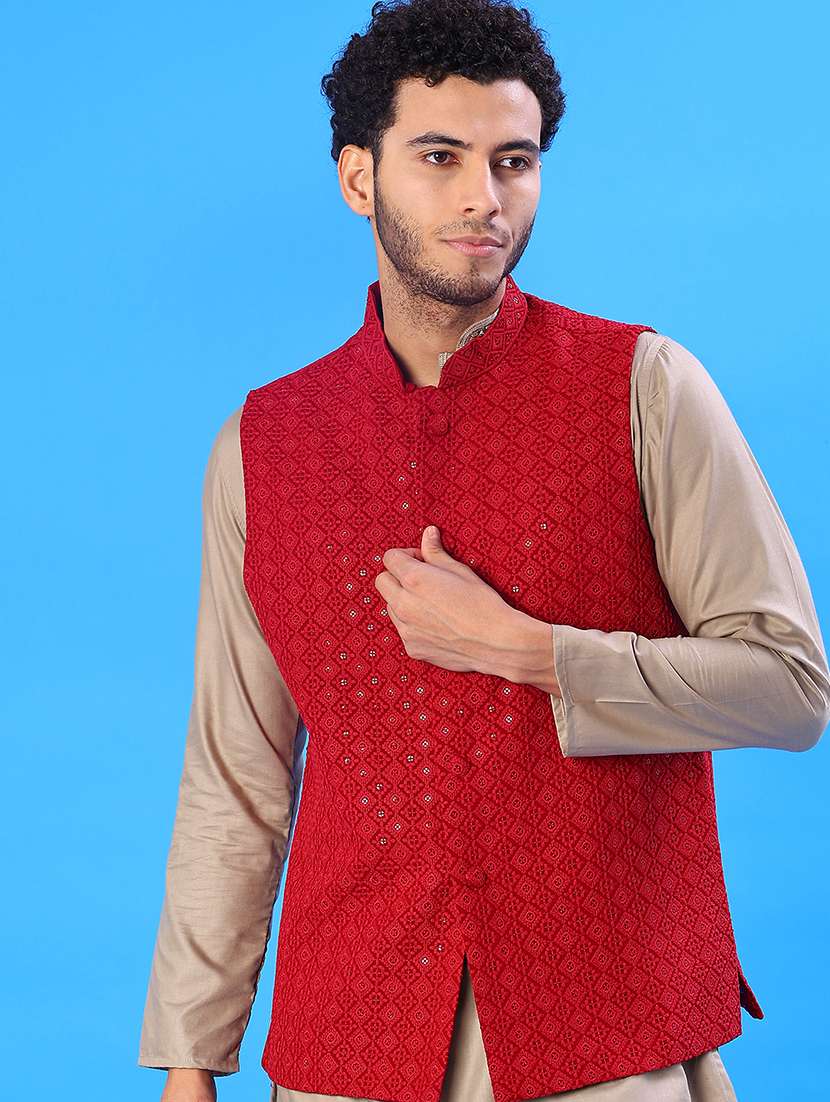 men solid with work mandarin neck regular fit nehru jacket