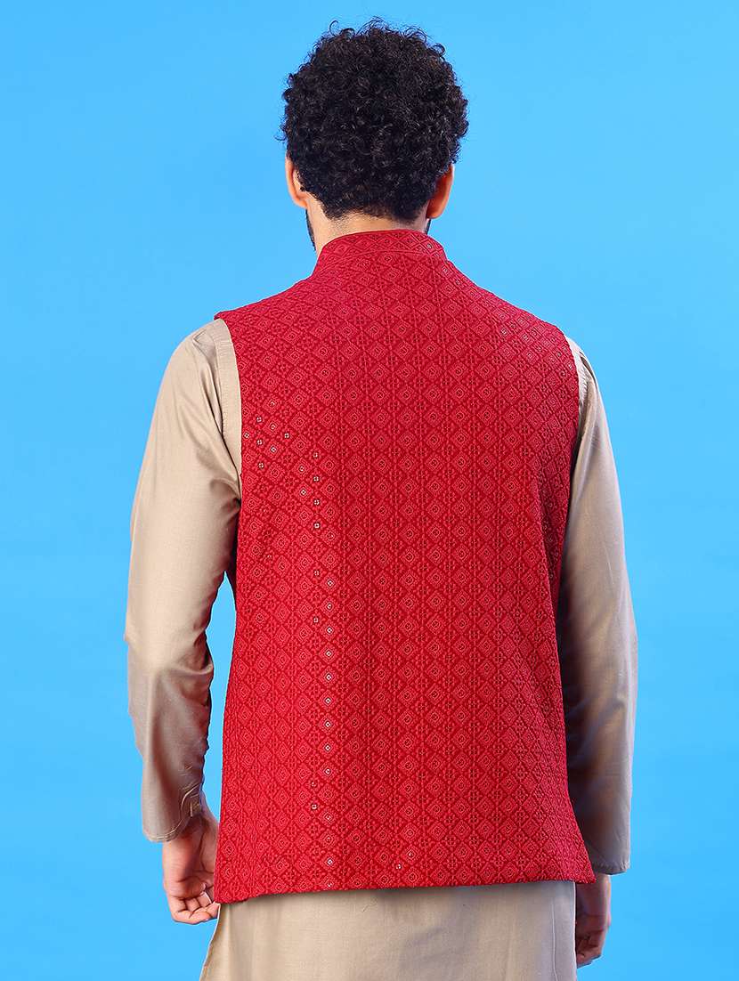 men solid with work mandarin neck regular fit nehru jacket - 22005256 -  Standard Image - 3