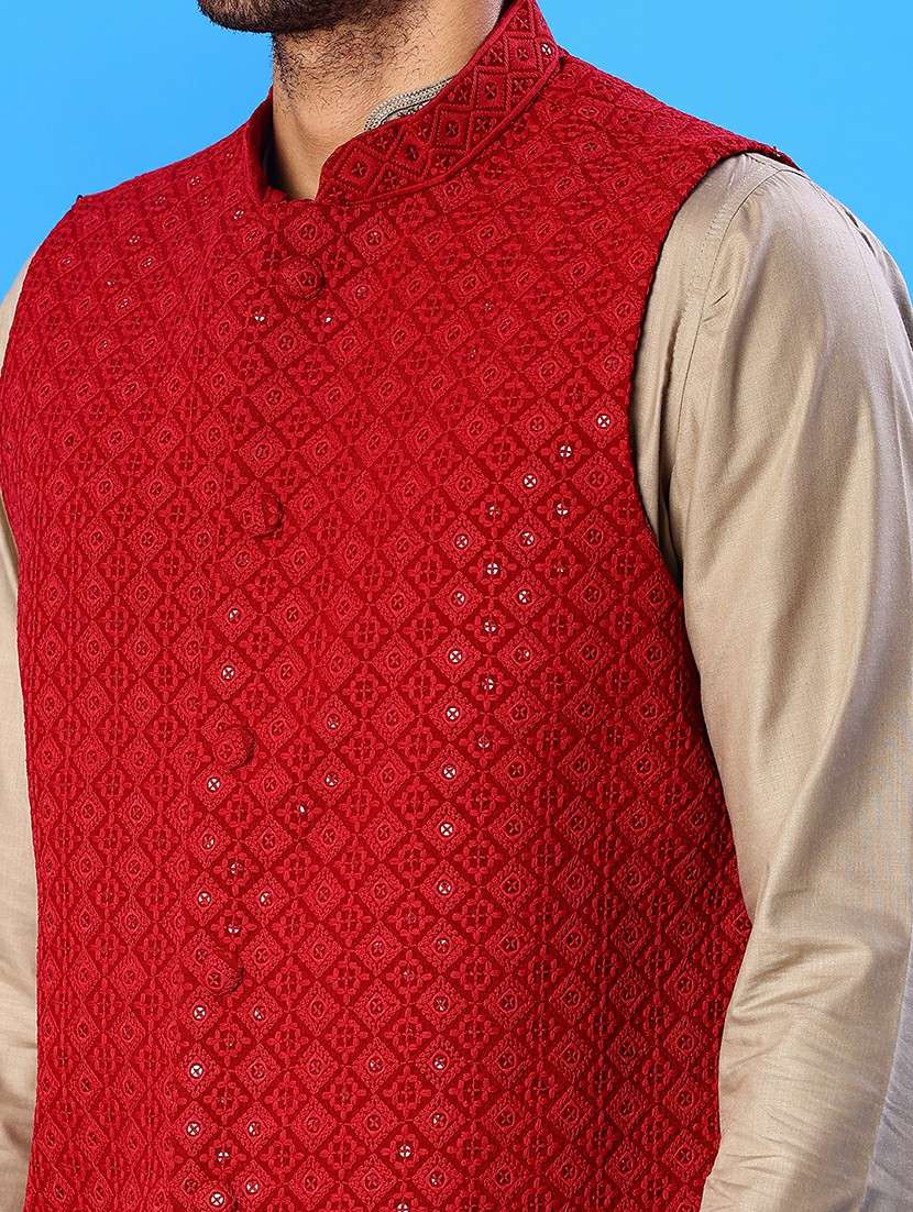 men solid with work mandarin neck regular fit nehru jacket - 22005256 -  Standard Image - 5