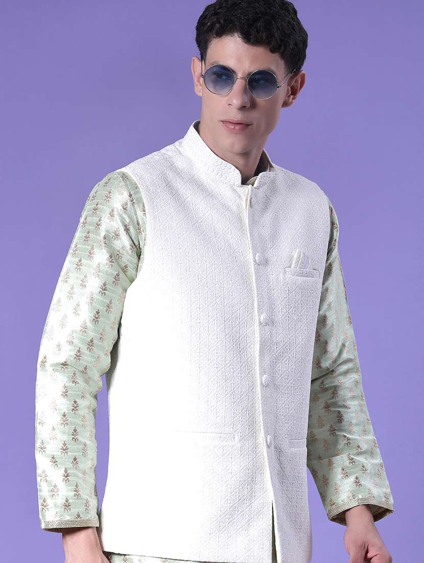 men solid with work mandarin neck regular fit nehru jacket - 22005257 -  Zoom Image - 0