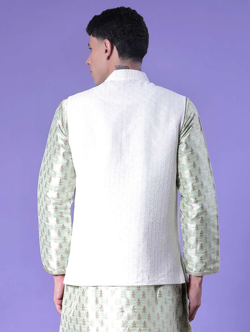 men solid with work mandarin neck regular fit nehru jacket - 22005257 -  Standard Image - 3