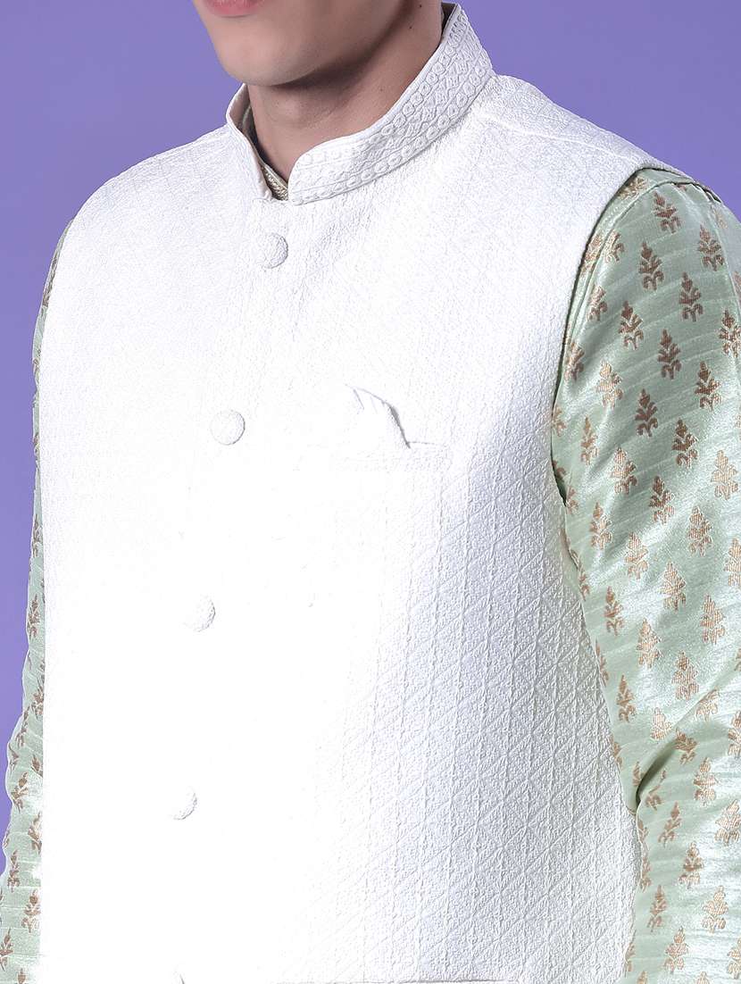 men solid with work mandarin neck regular fit nehru jacket - 22005257 -  Standard Image - 5