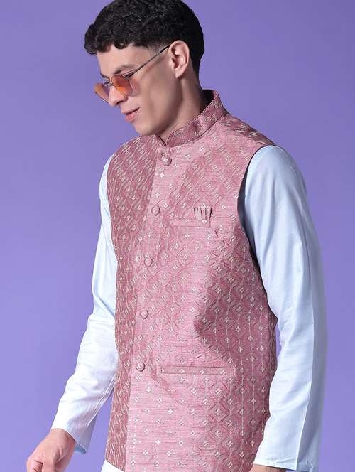 Men Solid With Work Mandarin Neck Regular Fit Nehru Jacket