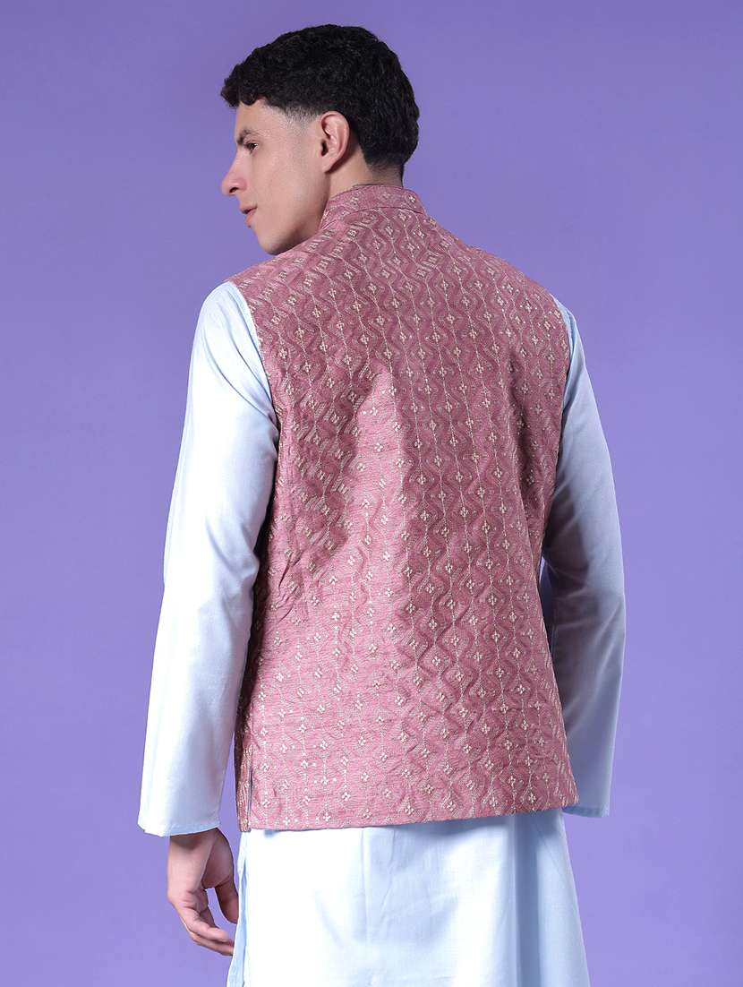 men solid with work mandarin neck regular fit nehru jacket - 22005260 -  Standard Image - 3