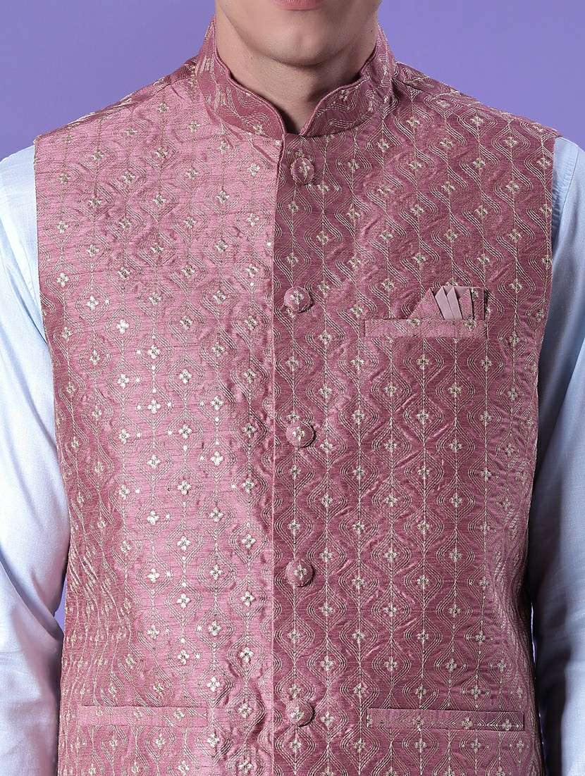 men solid with work mandarin neck regular fit nehru jacket - 22005260 -  Standard Image - 5