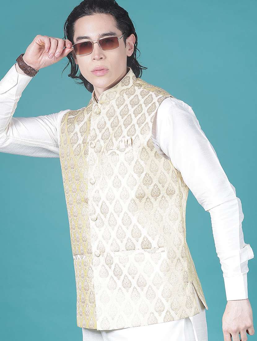 men self design mandarin neck regular fit nehru jacket