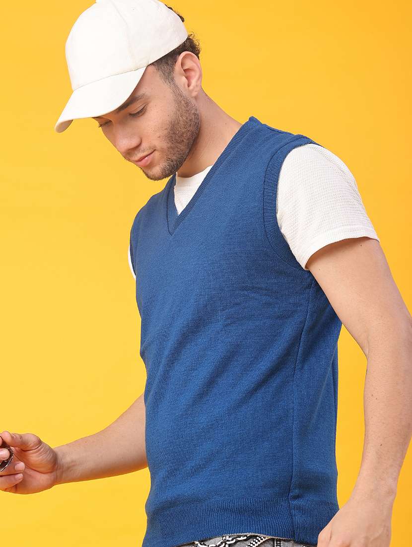men blue cotton blend pullover