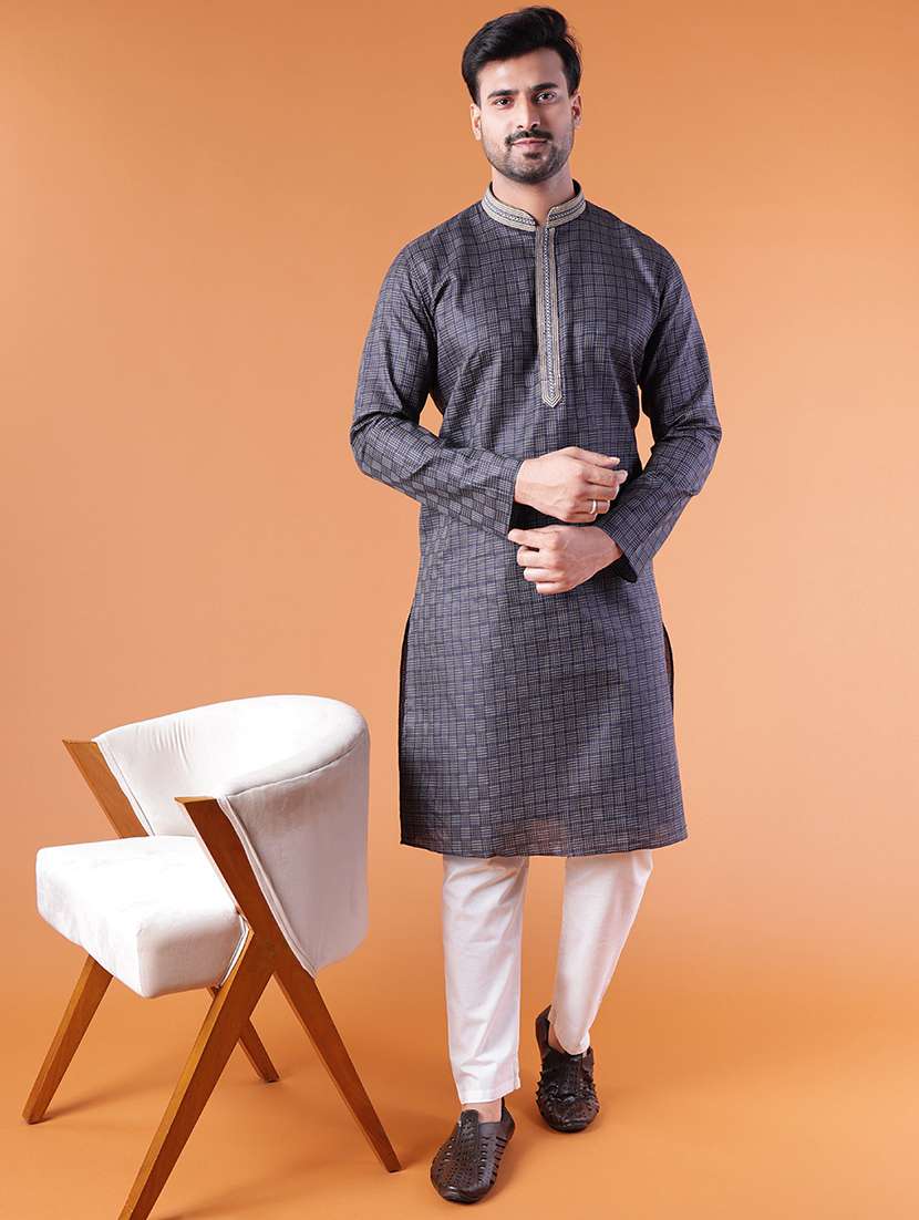 men self design mandarin neck kurta pyjama ethnic wear set