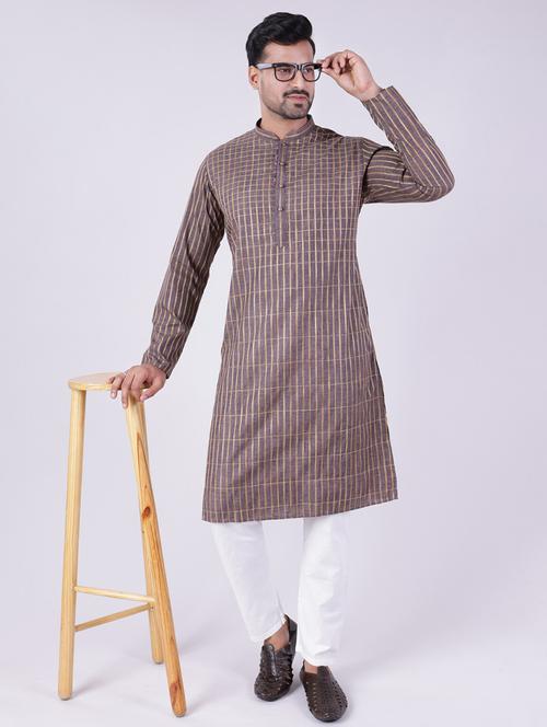 men checkered mandarin neck kurta pyjama ethnic wear set - 22005495 -  Standard Image - 0