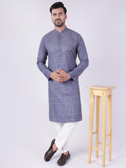 men checkered mandarin neck kurta pyjama ethnic wear set - 22005496 -  Standard Image - 0