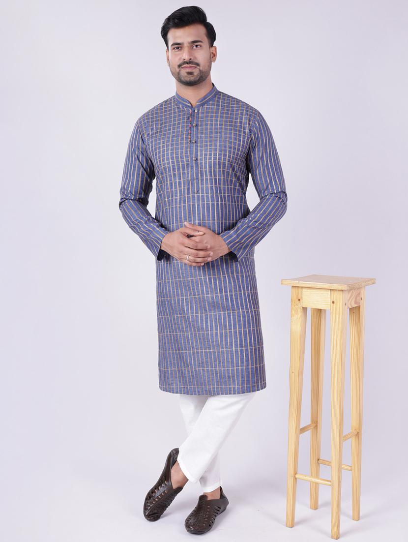 men checkered mandarin neck kurta pyjama ethnic wear set - 22005496 -  Zoom Image - 0