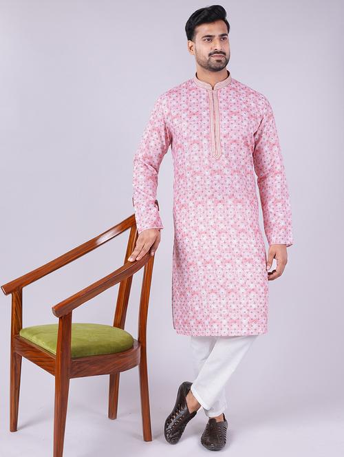 men printed mandarin neck kurta pyjama ethnic wear set - 22005500 - Standard Image - 0