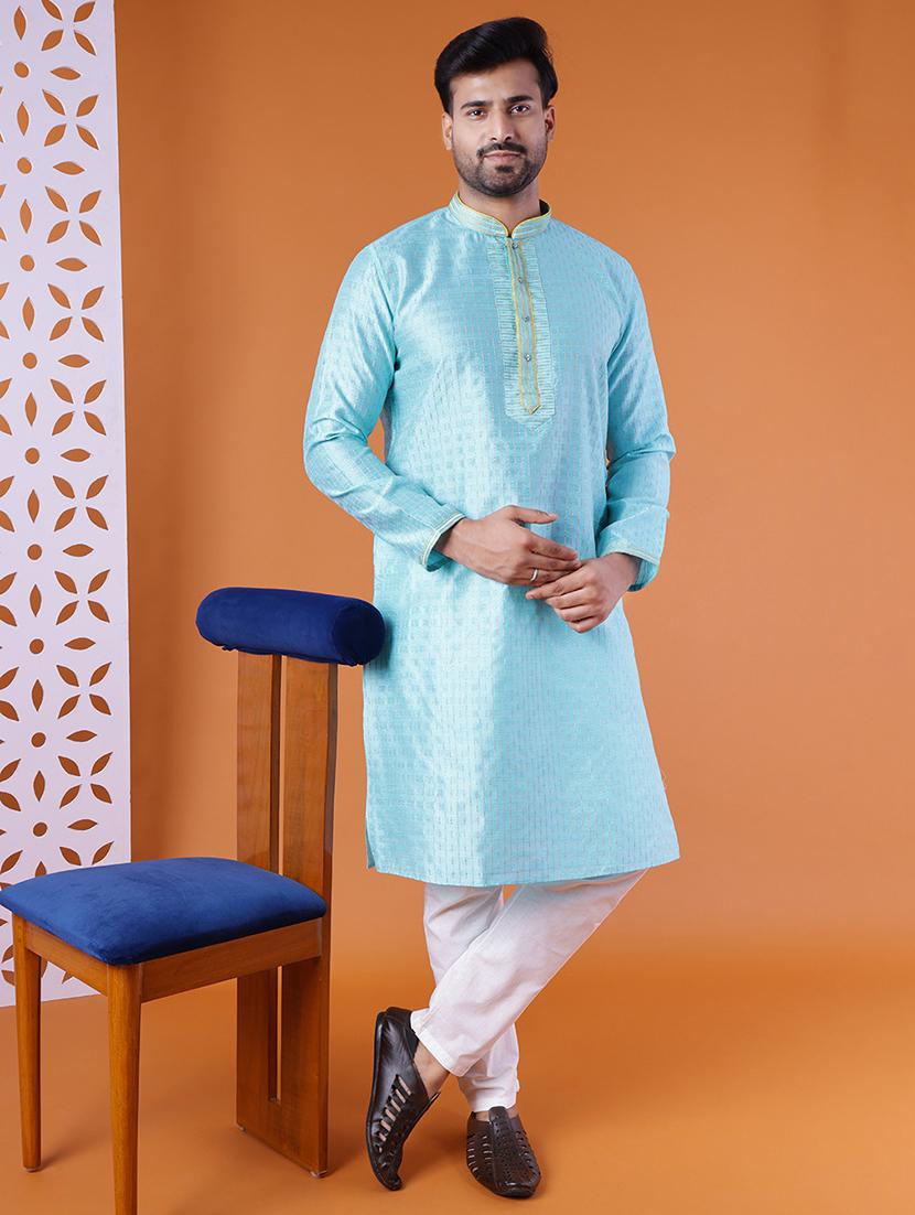 men self design mandarin neck kurta pyjama ethnic wear set