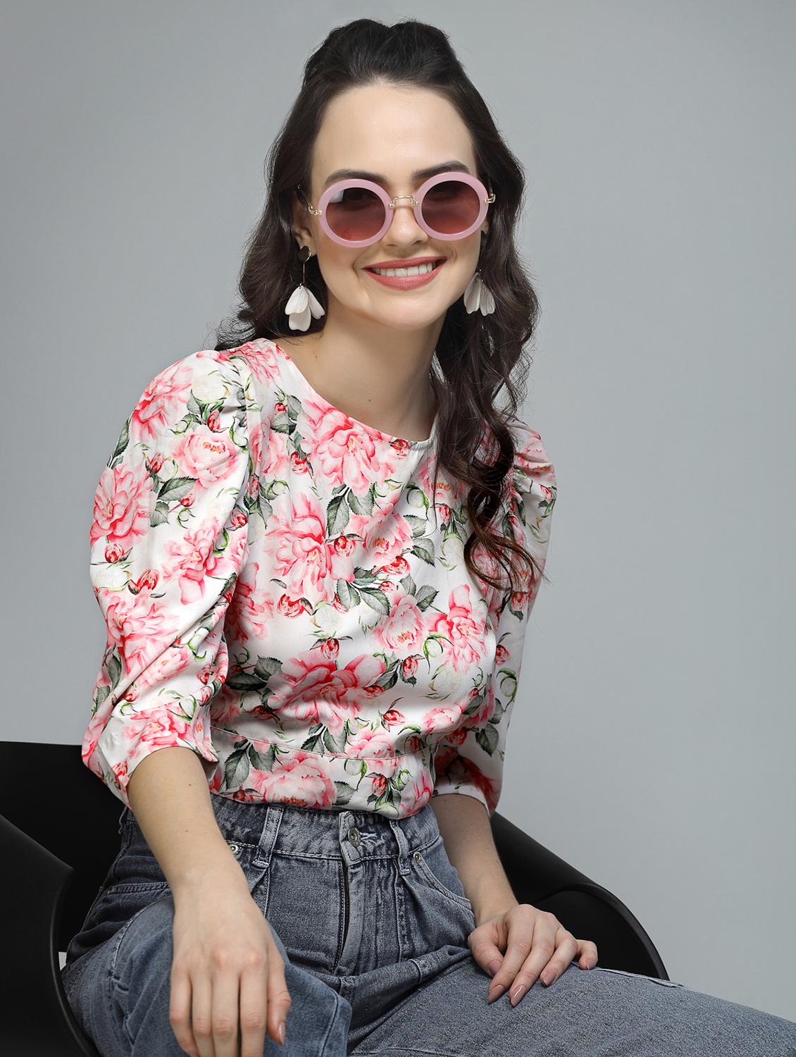 women floral print puff sleeve tie back top - 22006040 - Zoom Image - 0