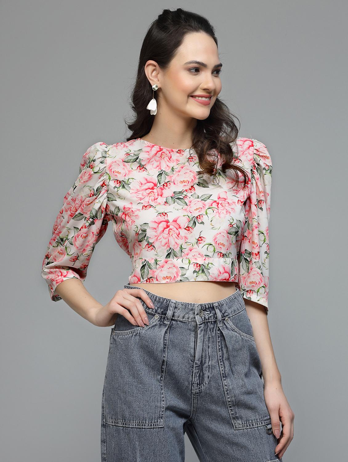 women floral print puff sleeve tie back top - 22006040 - Standard Image - 3