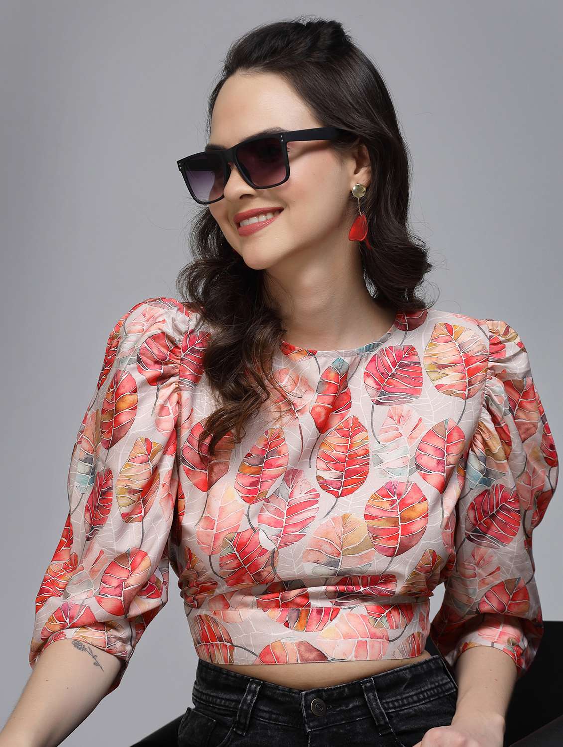 women floral print puff sleeve tie back top - 22006041 - Zoom Image - 0