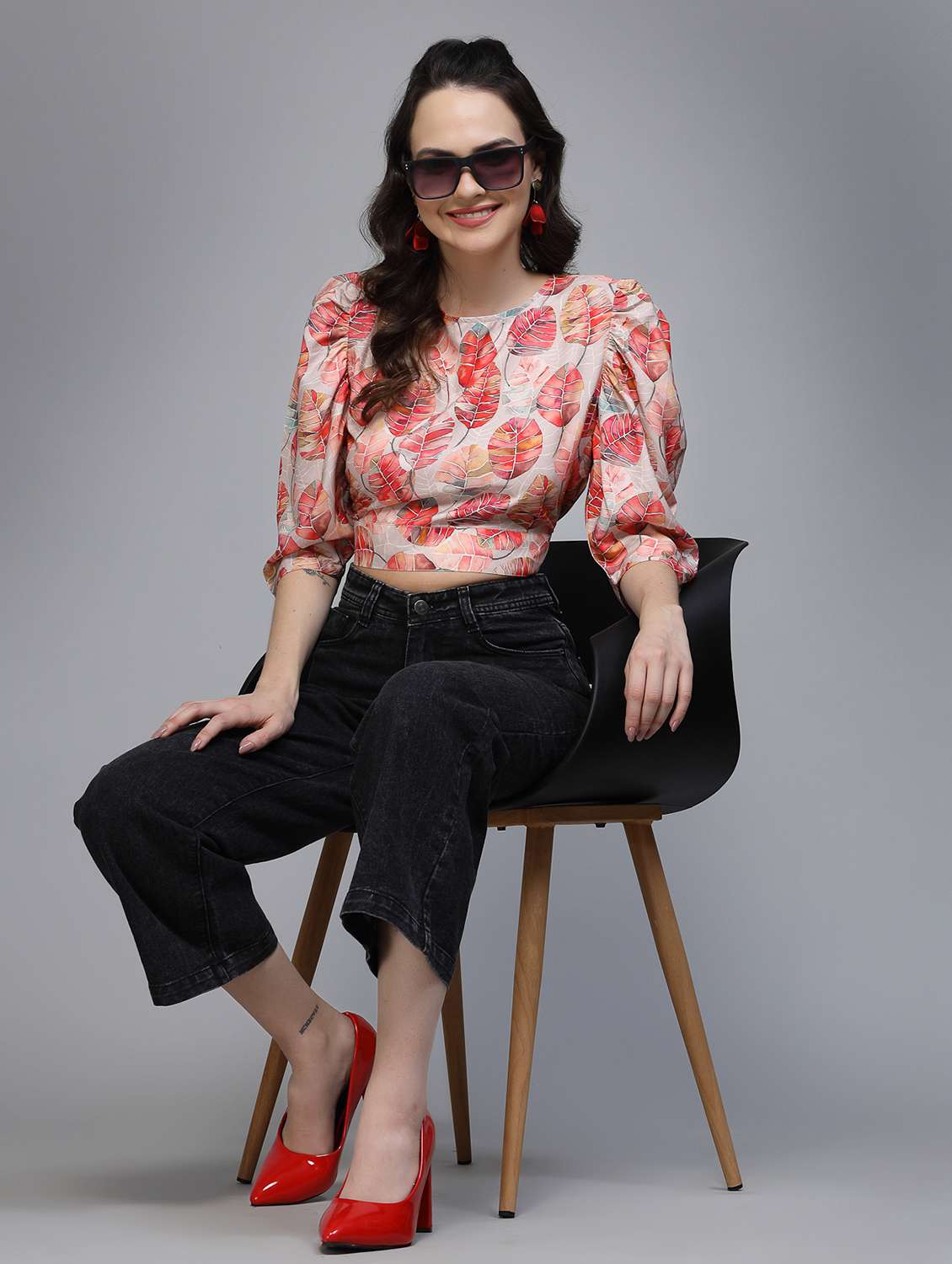 women floral print puff sleeve tie back top - 22006041 - Standard Image - 5