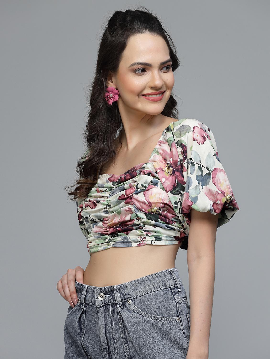 women printed puff sleeve crop top - 22006042 - Standard Image - 3