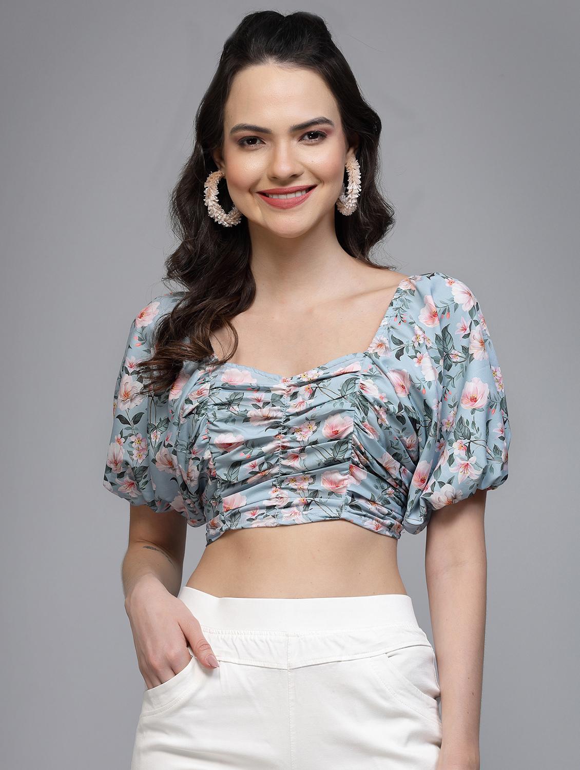women printed puff sleeve crop top - 22006043 - Zoom Image - 0