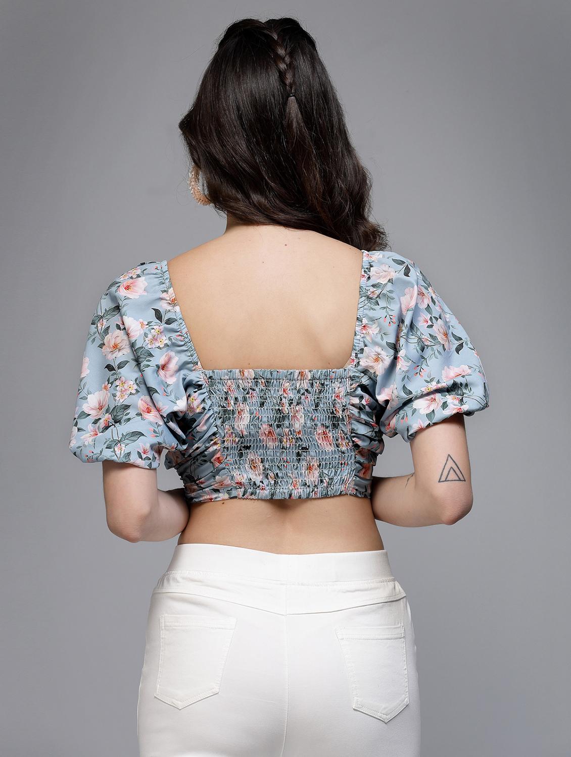 women printed puff sleeve crop top - 22006043 - Standard Image - 3