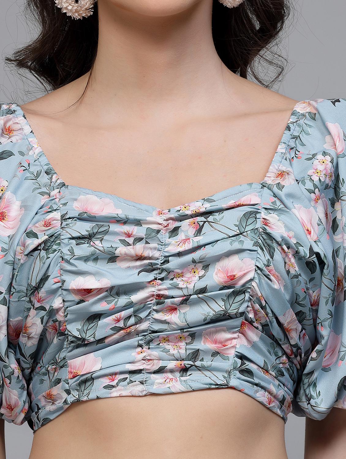 women printed puff sleeve crop top - 22006043 - Standard Image - 5