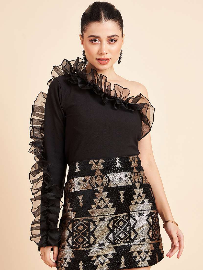 women solid single shoulder ruffled sleeve top - 22006045 -  Zoom Image - 0