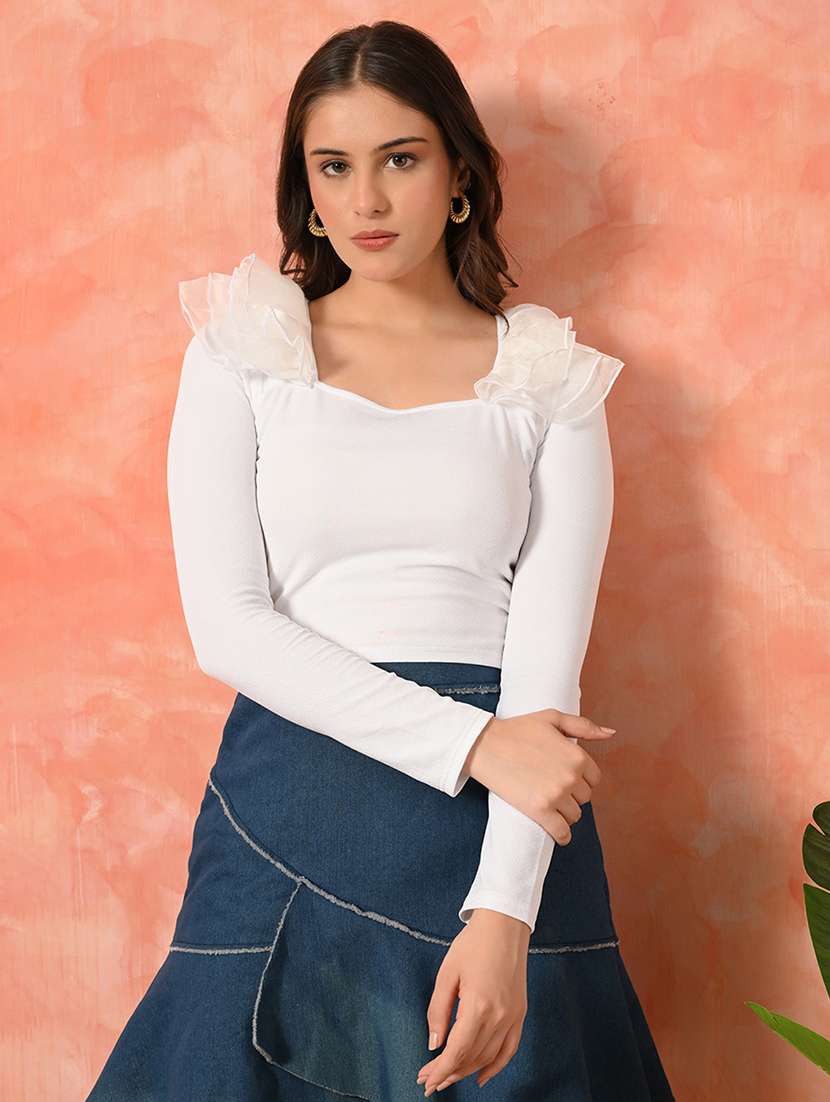 women solid ruffled neck long sleeve top