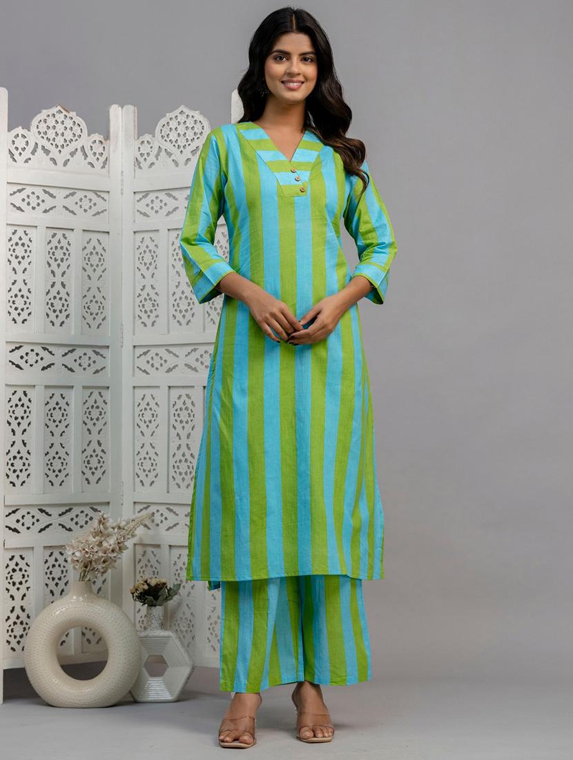 women striped three quarter sleeve kurta palazzo set