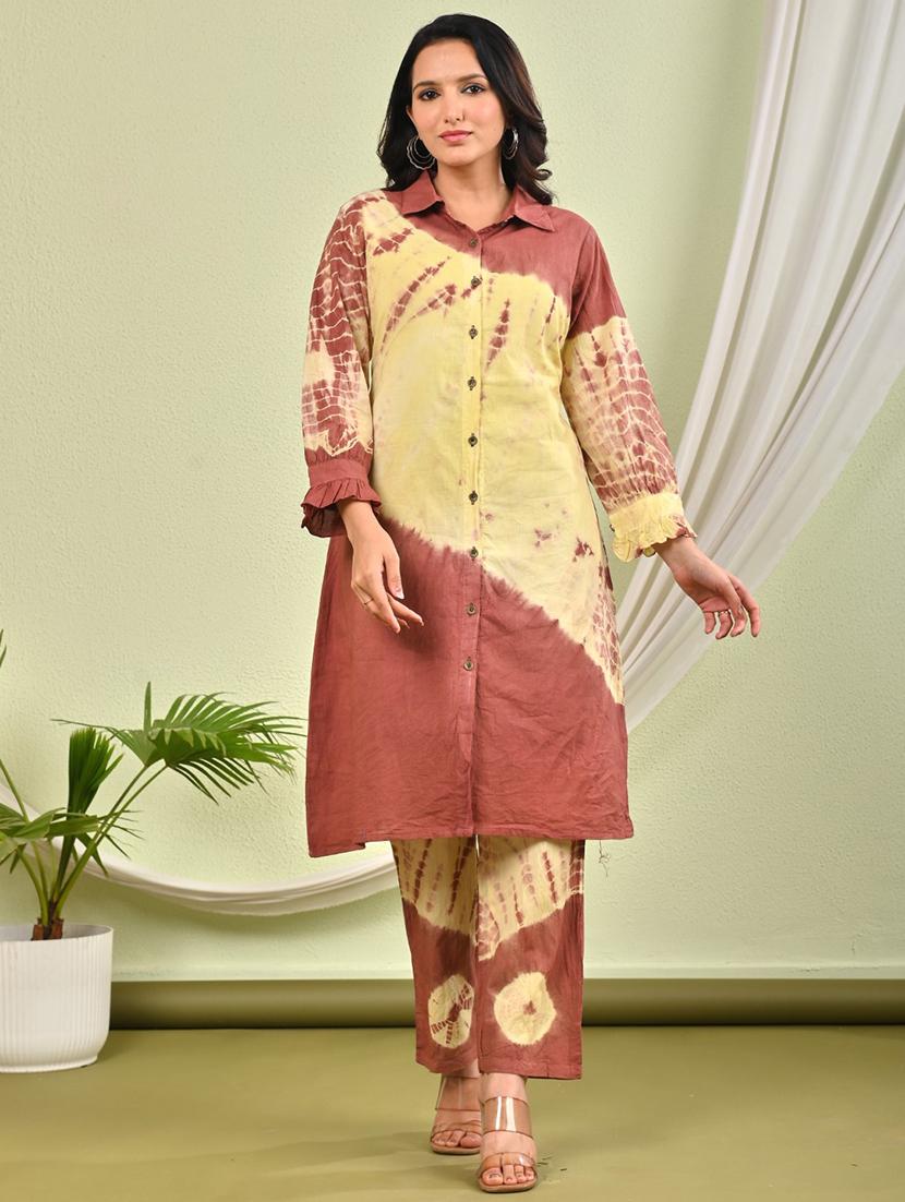 women tie & dye printed long sleeve kurta pant set