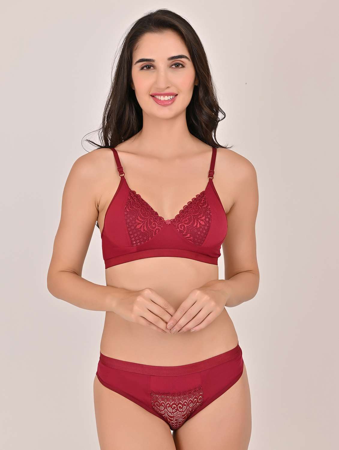 women solid lace bra and panty set