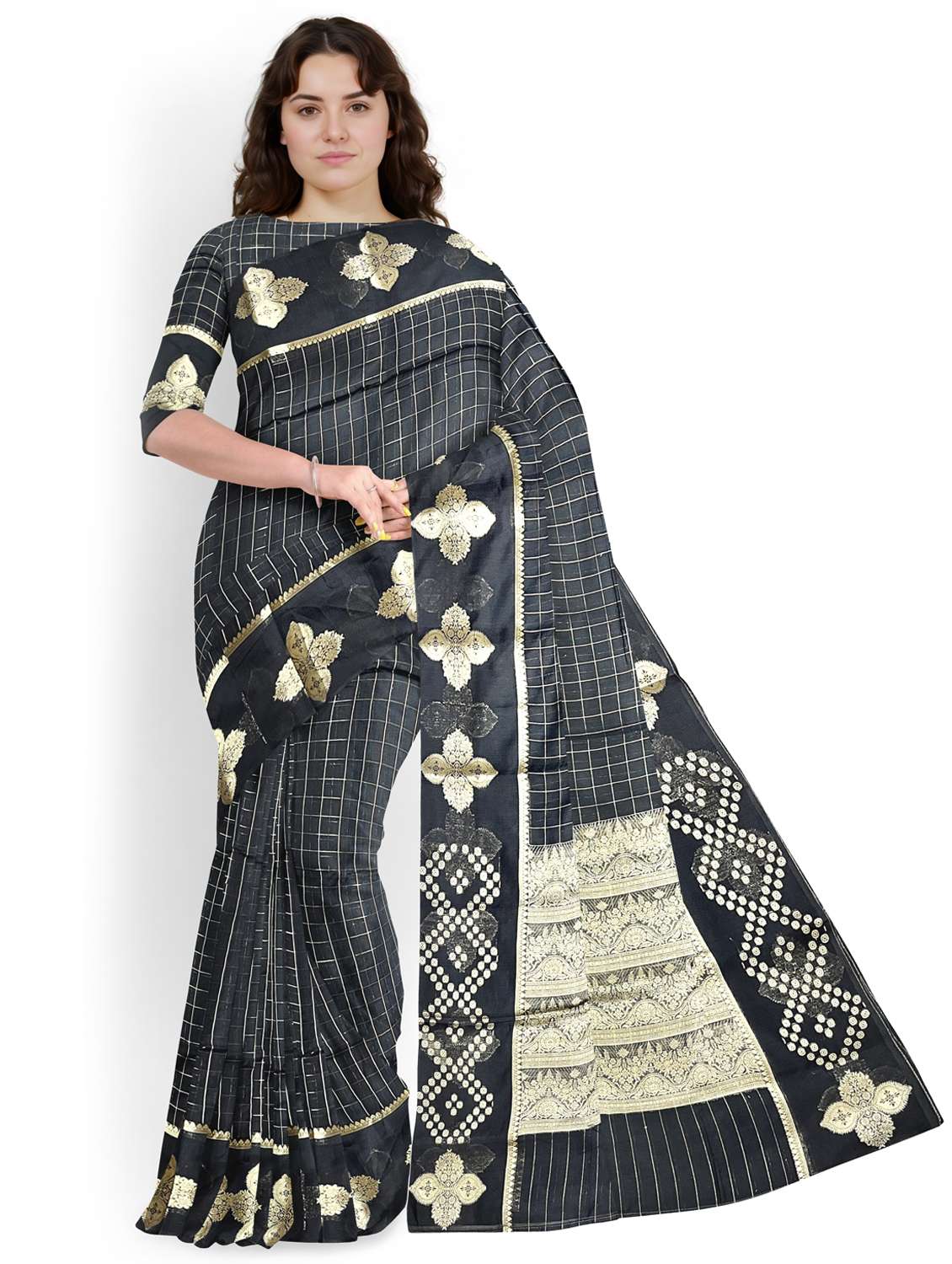 women checkered bordered saree with blouse