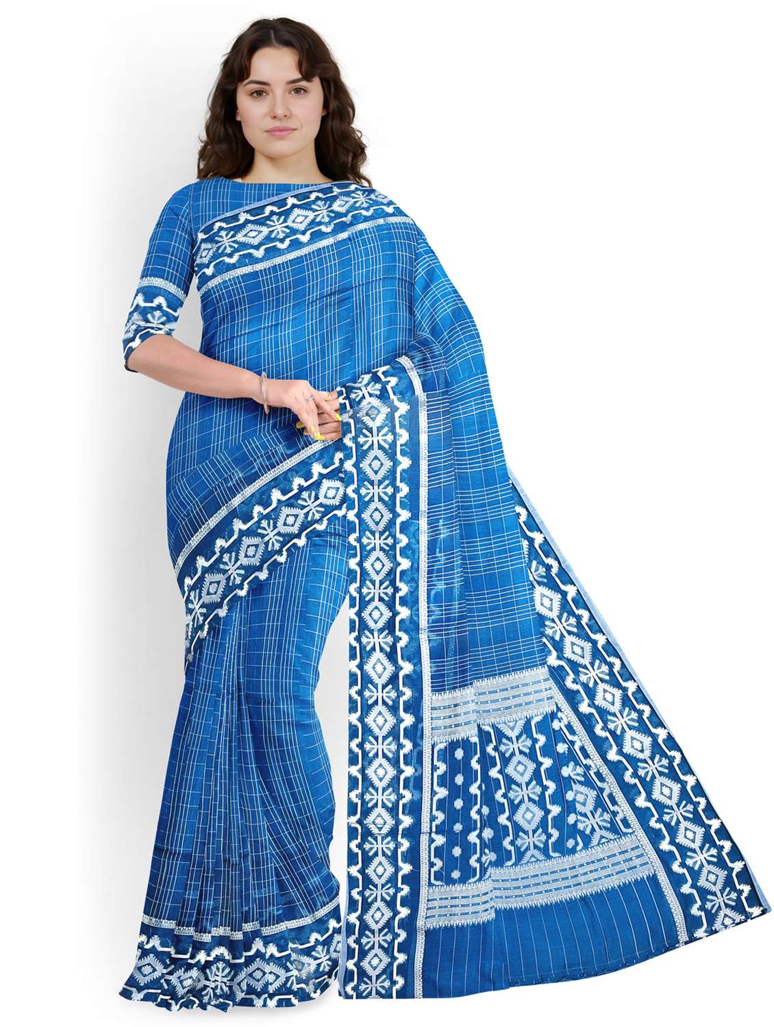 women checkered bordered saree with blouse