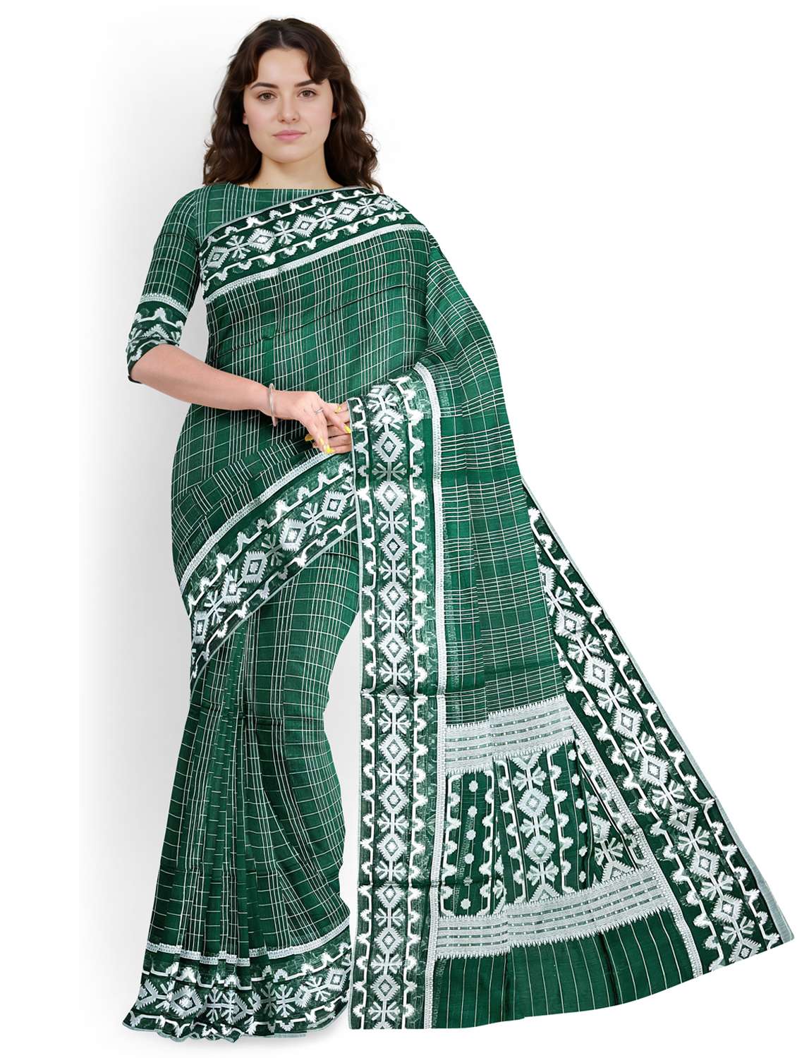 women checkered bordered saree with blouse