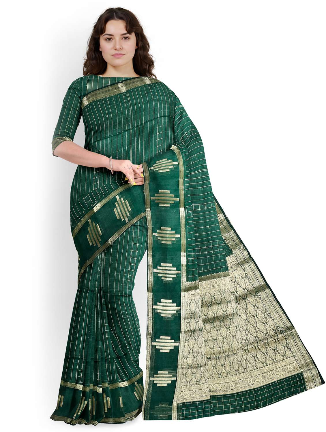 women checkered bordered saree with blouse