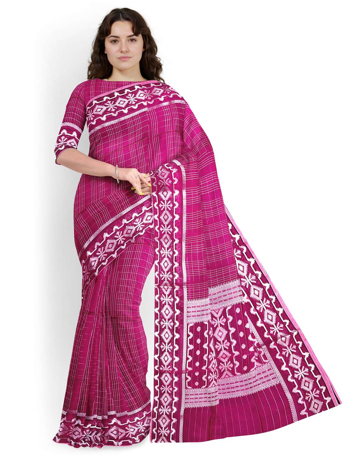 women checkered bordered saree with blouse