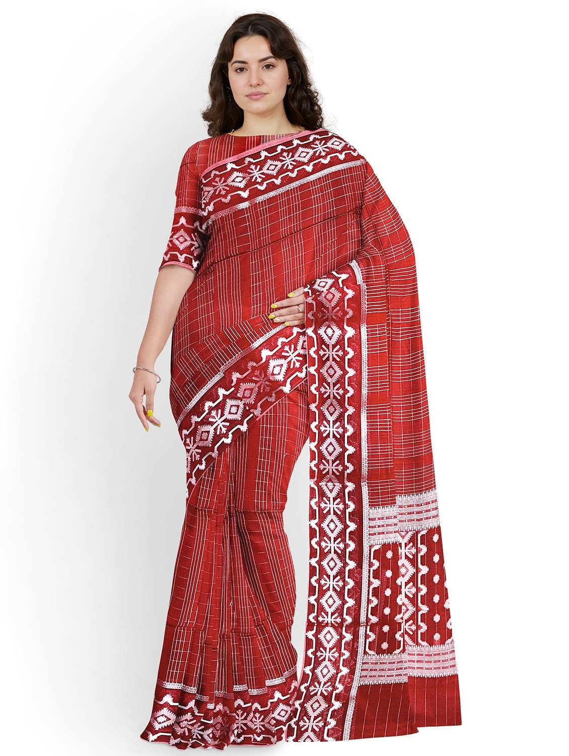 women checkered bordered saree with blouse