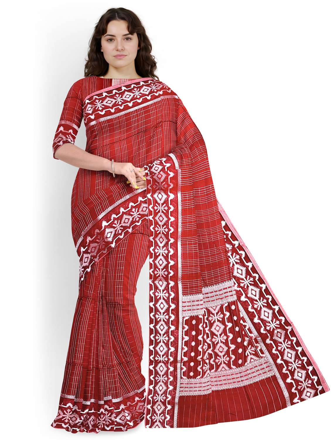 women checkered bordered saree with blouse