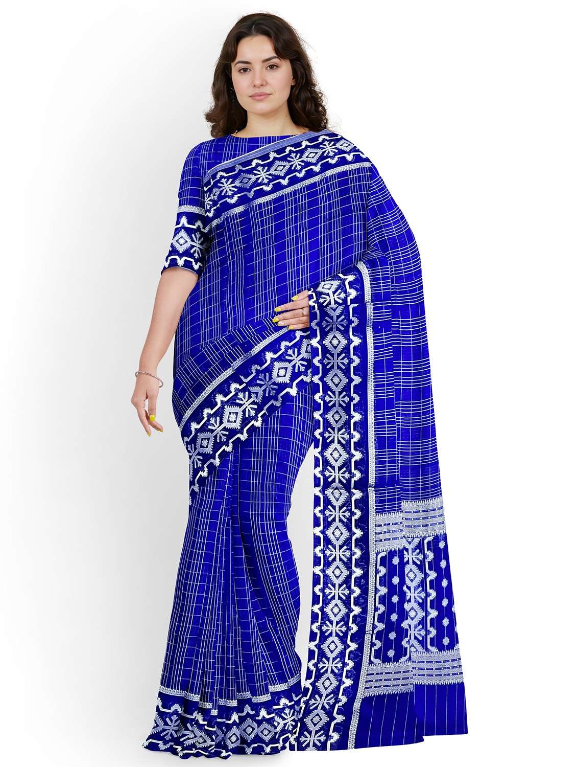 women checkered bordered saree with blouse