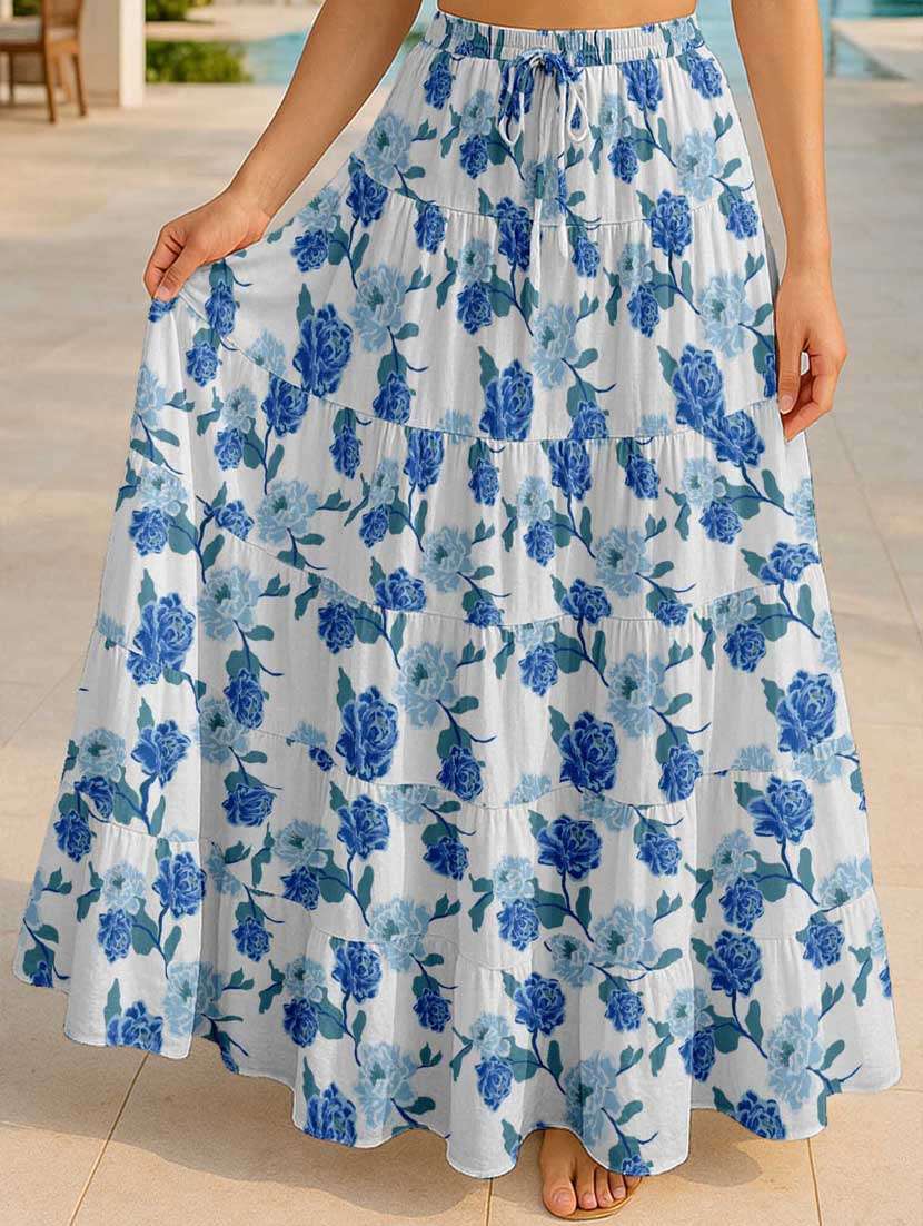 women floral printed high rise maxi tiered skirt