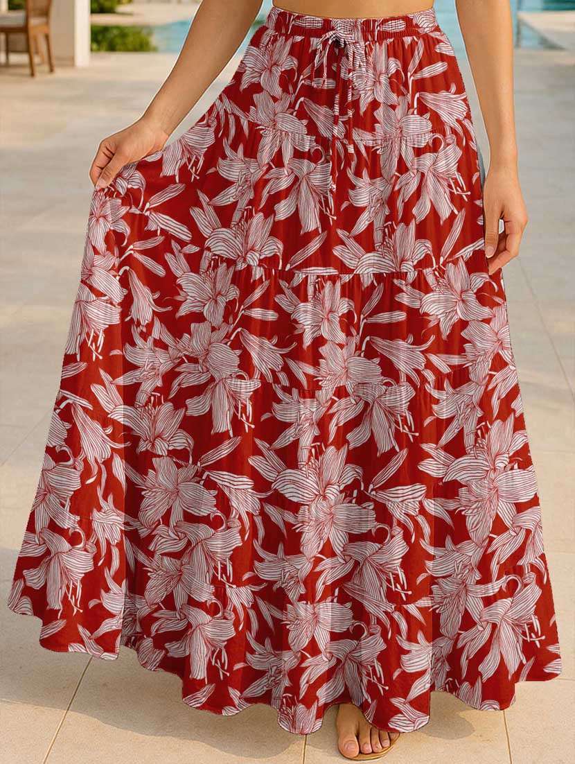 women floral printed high rise maxi tiered skirt