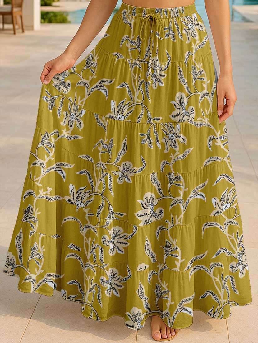 women floral printed high rise maxi tiered skirt