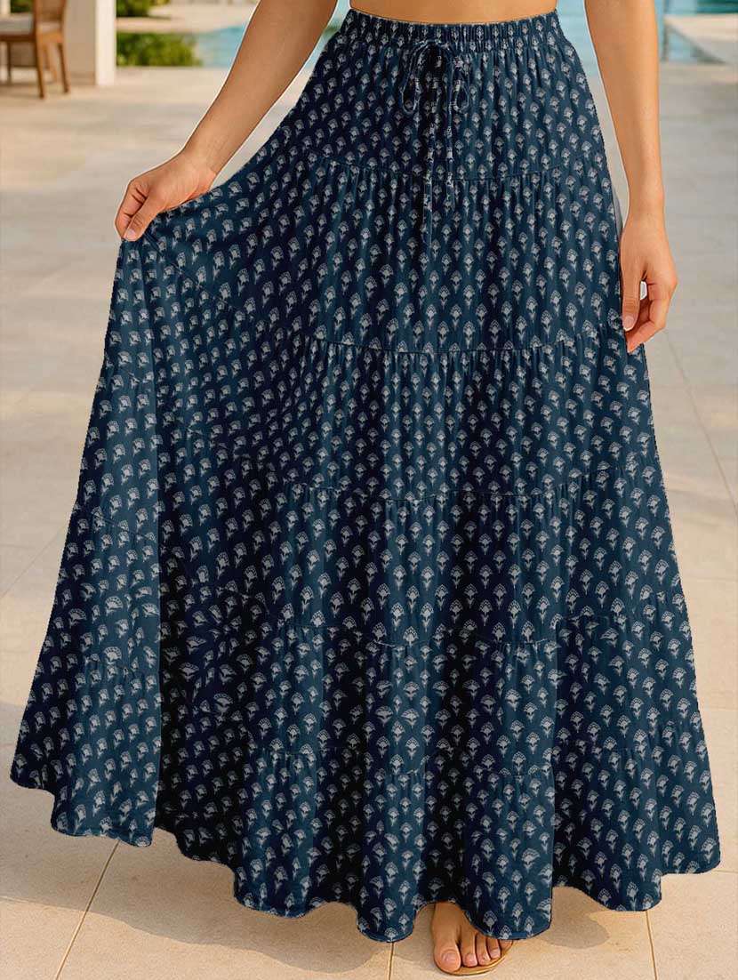 women printed high rise maxi tiered skirt